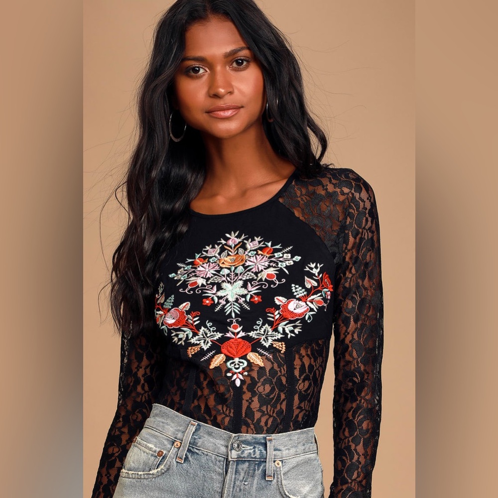 Embry Black Multi Embroidered Long Sleeve Bodysuit